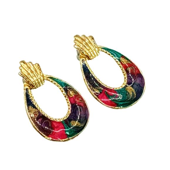 💫 Vintage Teardrop Swirl Earrings 💜 Gold Tone Multicolor Retro Hoop - Picture 2 of 12